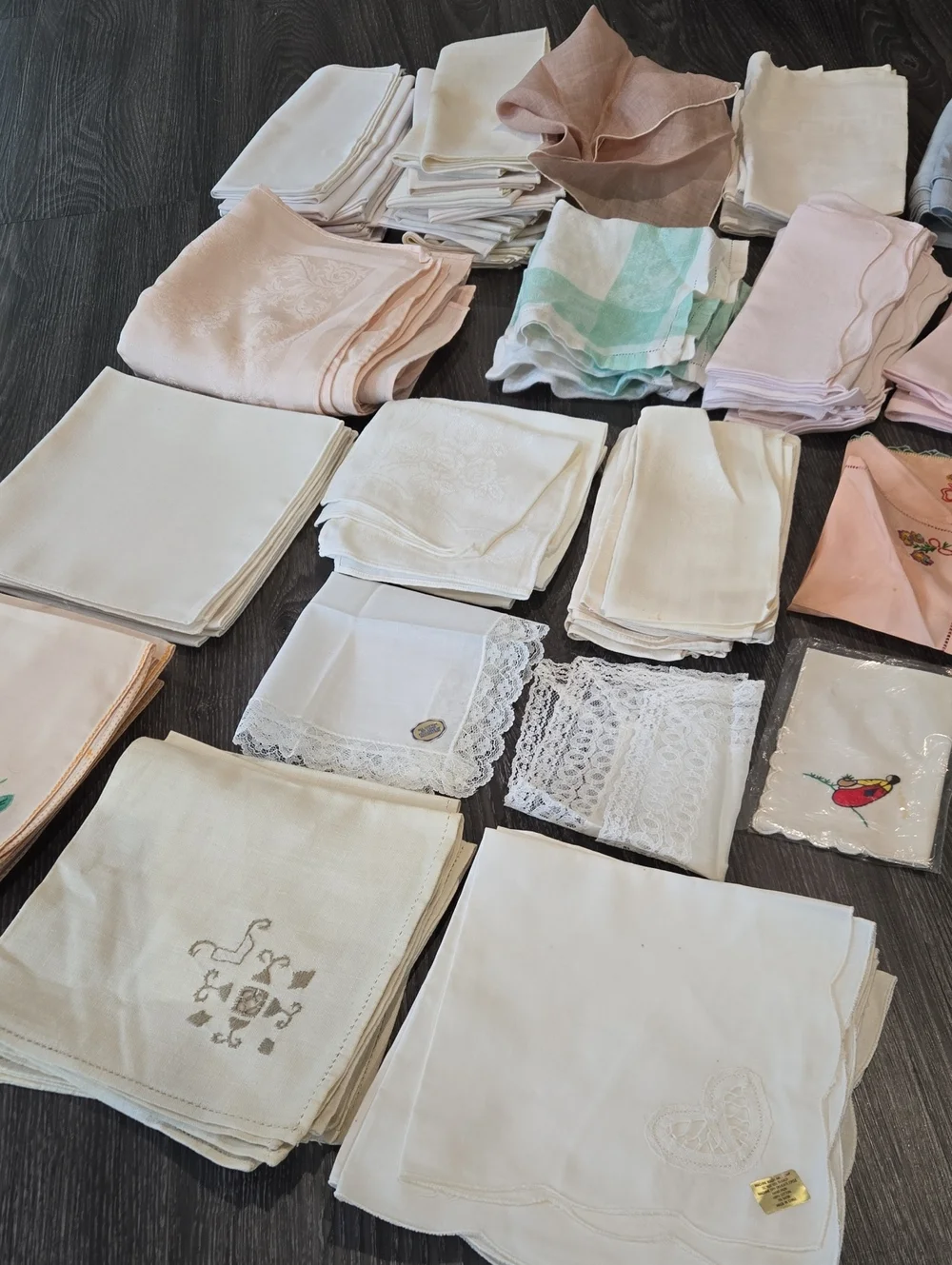 Over 100 Assorted Vintage Cloth Napkins & Handkerchiefs - Pastel Mix